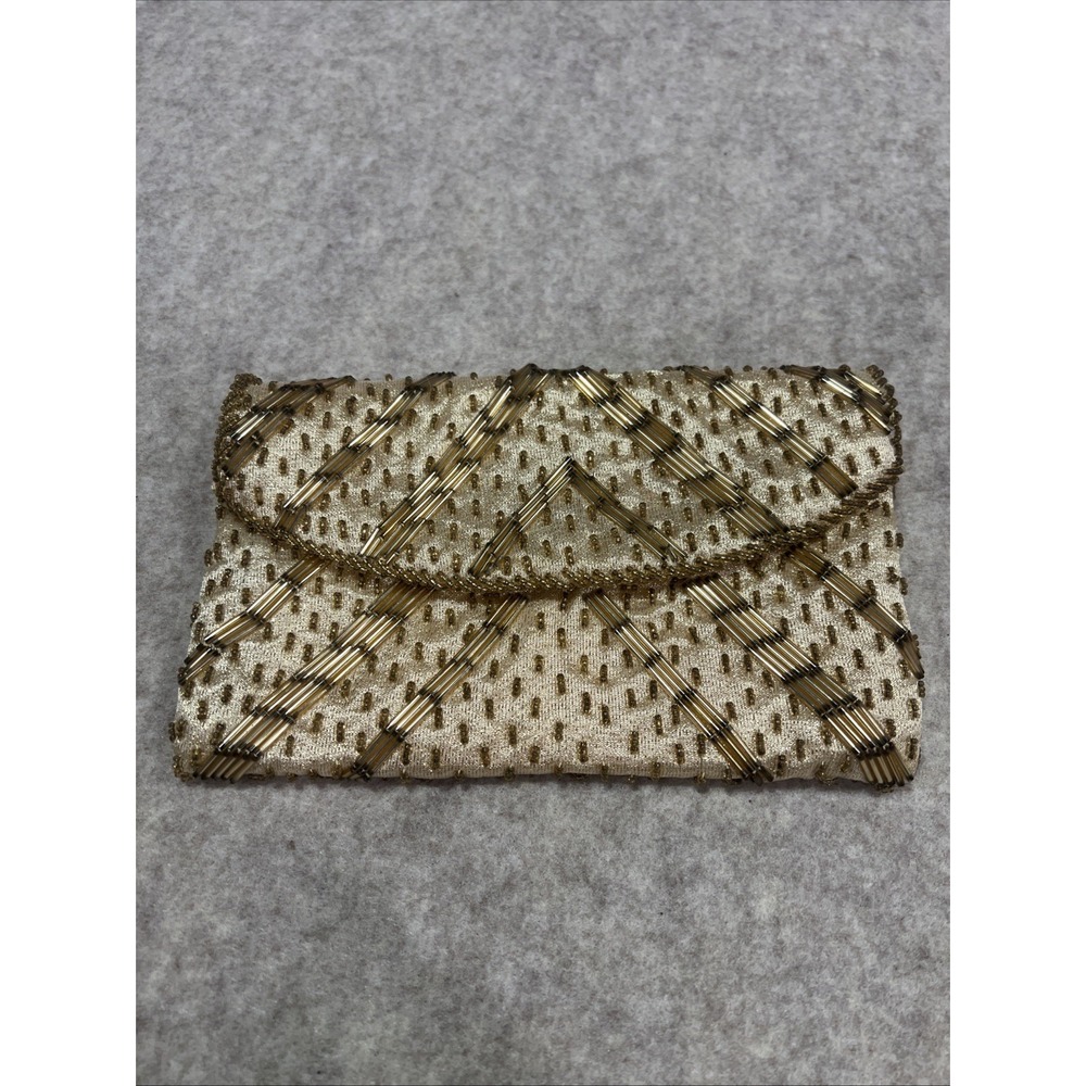 Vintage Clutch Gold Bead Sequin Hand Made Hong Kong Envelope Satin Lined Pretty